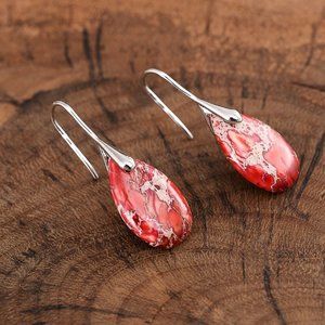 Navy & Red Jasper Teardrop Drop Earrings in Goldtone